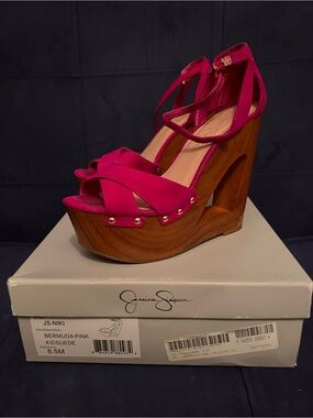 Jessica Simpson Bermuda Hot Pink Suede Wedge Sandals
